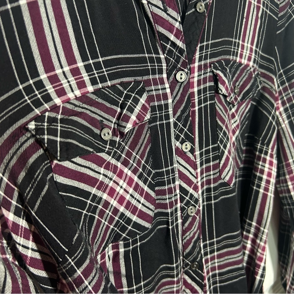 Bass Women’s plaid button up belted Shirt Dress Size Medium Black White Burgundy - Picture 6 of 10